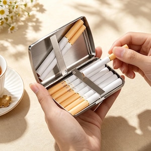 May include: A rectangular, brushed silver metal cigarette case with a hinged lid, containing several cigarettes with white filters and tan tobacco ends. The case features a thin metal tension bar to hold the cigarettes securely in place.