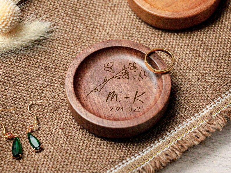 Personalized Wood Ring Dish , Custom Wedding Round Ring Holder