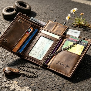 May include: A brown leather tri-fold wallet featuring multiple card slots, a clear ID window, and a metal chain attachment. The interior is embossed with the text I Love You. The wallet is open, displaying various credit cards and paper currency.