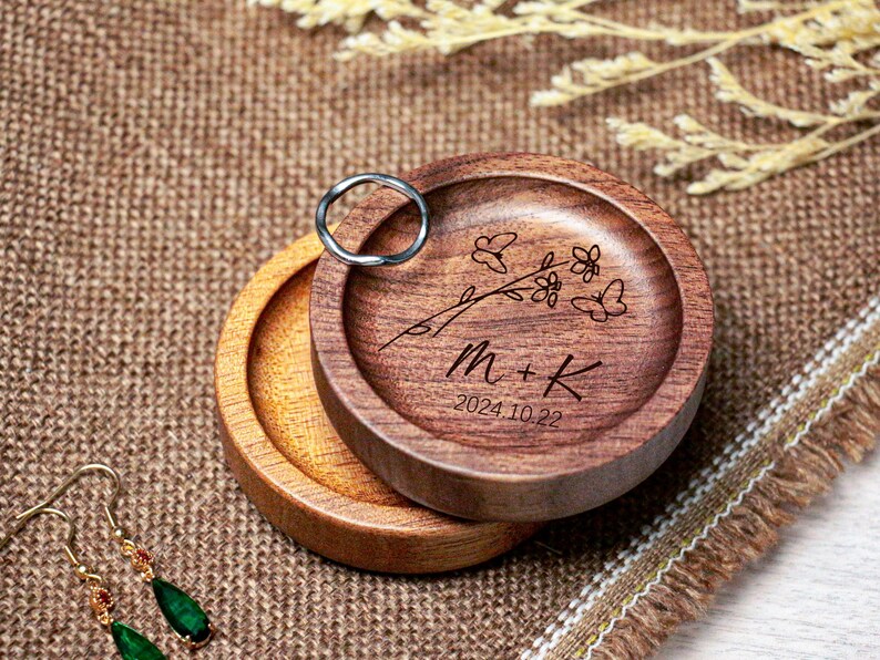 Personalized Wood Ring Dish , Custom Wedding Round Ring Holder