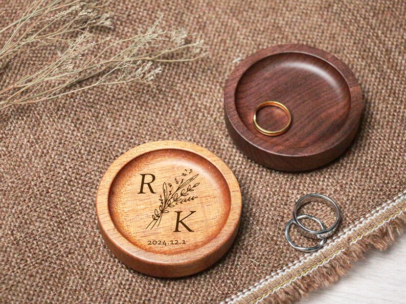 Personalized Wood Ring Dish , Custom Wedding Round Ring Holder
