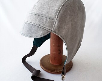 Upcycled Denim Aviator Hat in Pale Gray with Turquoise Blue Fleece Lining, Warm Vegan Hat, Winter Cycling Cap