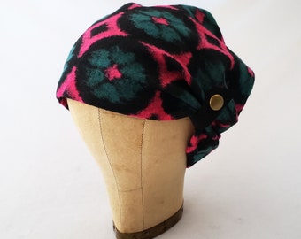 Knit Slouchy Hat, Women's Hat, Retro Floral, Geometric  Pattern, Fuchsia Pink, Teal Green, Black, Winter Hat, Comfy Hat, Colorful Beanie