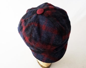Newsboy Hat, Plaid Wool, Blue Red Black, Soft Felt Wool, Wool Cap, Women's Hat, Cute Hat, Stylish Hat, Cloche, Gift for Her, Classic Style