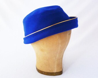 Women's Hat, Electric Blue, Wool Cloche, Gold, Faux Leather Trim, Elegant Hat, Stylish Hat, Royal Blue, Winter Style, Flapper, Vintage Look