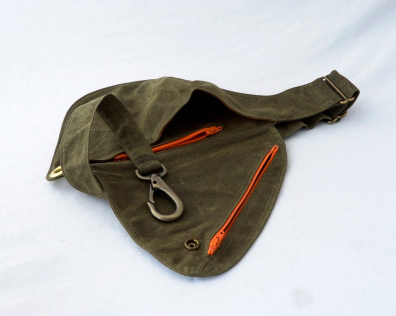 Olive Green Waxed Canvas Fanny Pack orange