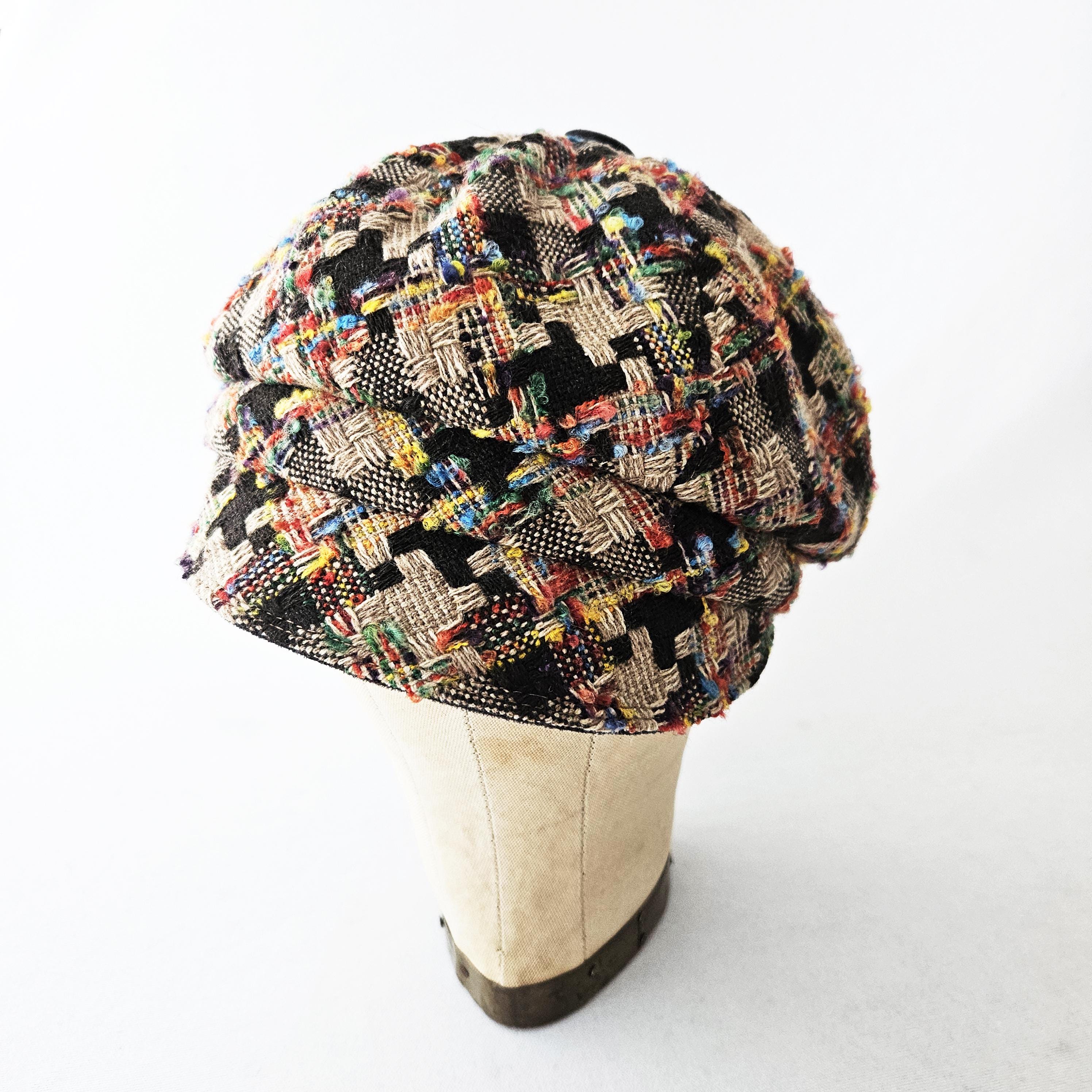 Anna Sui Colorful Multicolor Fuzzy Wool Newsboy Cap Mosaic Stripe Chunky Pom Beanie Hat Winter Deadstock Vegan  main image 4