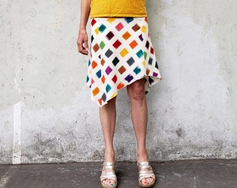 Women's Skirt, Cotton Ikat, Multicolor, Asymmetrical, Yellow Bamboo, Festival Skirt, Summer Fashion, Midi Skirt, Cute Summer Skirt, Comfy