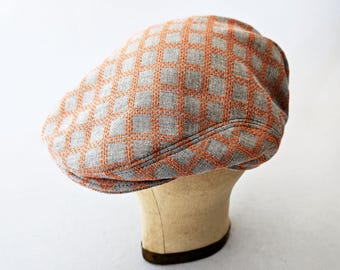 Driver's Cap in Light Gray and Orange Woven Cotton, Men's Women's Summer Hat, Flat Cap, Windowpane Plaid
