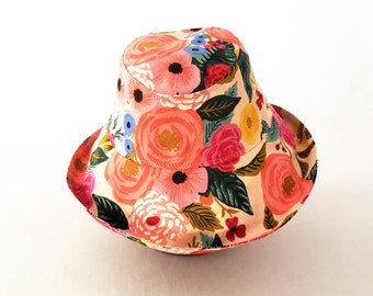 Women's Sunhat, Vintage Floral Print, Summer Hat, Beach Hat, Pink Yellow Blue, Cotton Linen Hat, Travel Hat, Packable, Gift 4 Her, Cloche