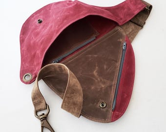 Fanny Pack in Burgundy Red and Chocolate Brown Waxed Canvas, Belt Bag, Cross Body Bag, Festival Bag, Travel Pouch, Gift for Her, Cool Gear