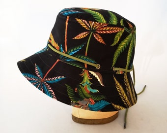 Bucket Hat, Black Turquoise Green Gold, Unisex Hat, Cotton Sunhat, Sativa Cannabis Print, Casual Hat, Everyday Hat, Men's Women's, Tie Cord