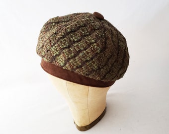 Beret, Wool Cap, Women's Hat, Green and Brown, Woven Wool, Winter Chic, Stylish Beret, Lined Hat, Classic Style, Comfy Beanie, Quality Hat