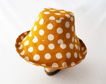 Women's Sunhat, Summer Hat, Beach Hat, Yellow Gold, Natural, Cotton Linen Hat, Polka Dot, Travel Hat, Packable, Gift 4 Her, Cloche Brim