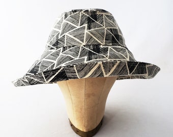 Women's Sunhat, Black and White, Geometric Print, Hemp and Organic Cotton, Summer Hat, Beach Hat, Travel Hat, Packable Hat, Stylish Hat