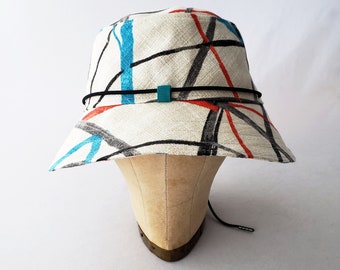Bucket Hat, Red White Blue, Unisex Hat, Cotton Sunhat, Lines Pattern, Casual Hat, Everyday Hat, Men's Hat, Women's Hat, Their Hat, Tie Cord
