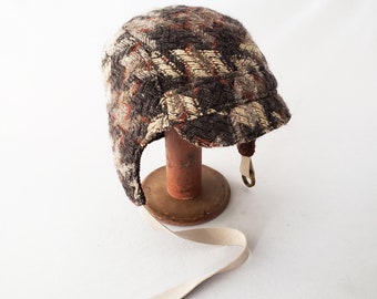 Wool Aviator Hat in Chunky Woven Plaid Houndstooth - Brown, Gray, Rust, Cream, Warm Hat, Winter Cycling, Retro Look, Just For You