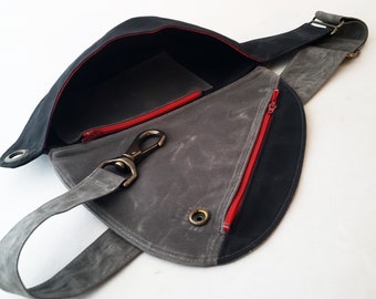 Fanny Pack in Charcoal Gray and Black Waxed Canvas