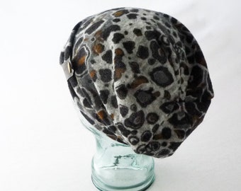 Women's Knit Slouchy Hat in Gray and Brown Leopard Print, Comfy Hat, Cute and Cozy Hat