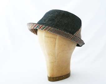 Fedora, Plaid Wool, Denim, Blue, Red Yellow, Men's Hat, Women's Hat, Statement Hat, Fall Hat, Winter Style, Gift for Him, Musician's Hat