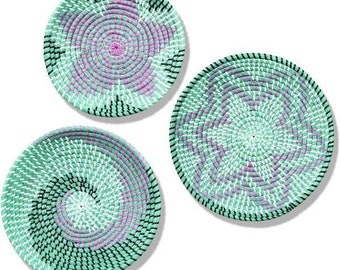 Geometric Mosaic Trio: Set of 3 Circular Woven Wall Decorations in Shades of Teal and Lilac