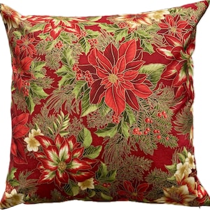 Christmas poinsettia pillow cover - Christmas holiday throw pillow cover -- red and gold poinsettia pillow cover