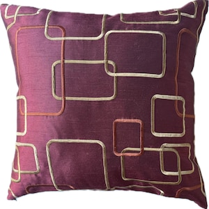 red silk pillow cover - burgundy red silk pillow cover - red silk pillow cover embroidered with rust and gold geometric designs