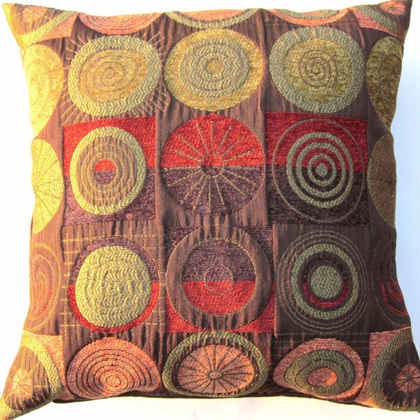 Brown Throw Pillow Cover - Rust & Gold Circles and Squares - 18 x 18