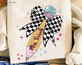 Teacher Coquette Pencil Bow PNG, Checkered Bow, Pencil bow PNG, Retro Teacher png, Custom teacher png, Pencil bow png, Digital File Download
