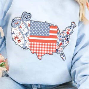 Adrette Blumen USA Karte PNG, niedliches 4. Juli Kokette Bogen Design, Vaterländisches Amerika PNG für Sublimation, ästhetisches Clipart zum Unabhängigkeitstag