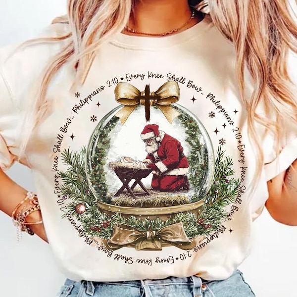 Varje knä ska böja sig png, julkrubba png, Filipperbrevet 2:10, jultomten png, vintage jul, knäböjande jultomte png, Jesusbarnet png