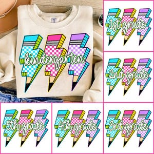 Preppy Back to school neon png bundle, lighting bolt checkered neon school png, Pre-k 1st 2nd 3rd 4th grades png, First day