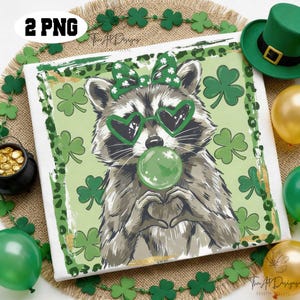 May include: A square canvas print featuring a raccoon wearing heart-shaped sunglasses and a bow, blowing a bubble. The raccoon is surrounded by shamrocks and a green border. The image has a St. Patrick's Day theme.