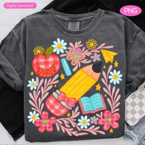 Adrette Zurück in der Schule Pinselstrich PNG, Kokette Ersttagslehrer Design, Girly Karierte Sublimation, Jungen / Mädchen Shirt Clipart, Klassenzimmer Kunst