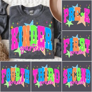 Retro Neon Distressed Grade PNG Bundle, Checkered Back to School Clipart, Pre-K to 3rd Grade Colorful Teacher Design, First Day Sublimation