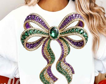 Rhinestone Mardi Gras Bow PNG, Sparkle Crystal Jewel Mosaic Bling Sublimation Design Fleur de Lis Png, Fat Tuesday Png