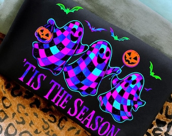 Retro Neon Ghosts PNG, Tis The Season Halloween, Checkered Spooky Fall Shirt Design, Cute Ghost Trendy Halloween PNG