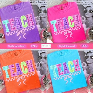 Neon Checkered TEACH PNG, Colorful Back to School Teacher Design, Hand-Drawn Coquette Clipart for 1st 2nd 3rd Grade, Distressed Sublimation