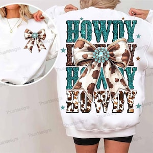 Western Coquette Howdy PNG, Turquoise Cowhide Design, Cowgirl Sublimation, Western Mama PNG, Coquette Bow Western Shirt Design