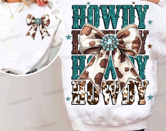 Coqueta vaquera, Hola, PNG, Diseño de piel de vaca turquesa, Sublimación de vaquera, Mamá vaquera, Diseño de camisa vaquera con lazo coqueto