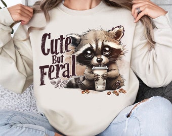 Cute But Feral PNG, Funny Raccoon, Funny Sarcastic Quote Png, Vintage shirt Retro, Feral png, Raccoon png, Racoon Shirt Design, Trendy PNG