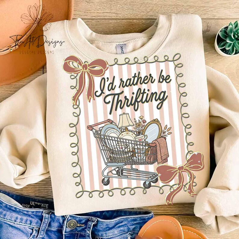 May include: Cream-colored sweatshirt with the text "I'd rather be Thrifting" and a shopping cart graphic filled with vintage items. The design includes pink and white stripes and decorative bows.