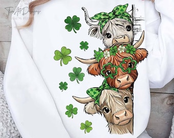 Funny St Patrick’s Day Highland Cow PNG, Retro Preppy Lucky Shamrock Design, Cute Irish Lucky Charm Graphic, Instant Download PNG File
