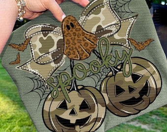 Jack-O-Lantern con camuflaje espeluznante PNG, diseño de fantasma con lazo de cuadros, cerezas de Halloween de moda PNG, calabaza linda PNG, archivo de sublimación de camiseta de Halloween
