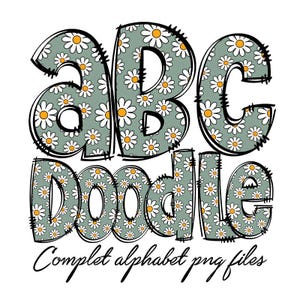Letras PNG del alfabeto de margaritas, letras florales de primavera, fuente dibujada a mano, sublimación de flores lindas, clipart del alfabeto para bricolaje