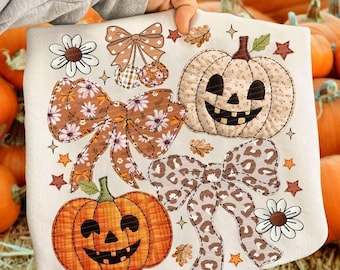 Floral Patchwork Pumpkin PNG, Coquette Fall Sublimation, Boho Bow PNG, Preppy Autumn Design, Tis the Season Leopard Pumpkin PNG