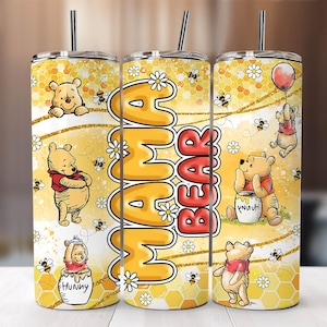 Mother’s Day Winnie 20oz Tumbler Wrap, Pink Mama Bear PNG, Cute Mom Skinny Tumbler Design, Sublimation File for Mother’s Gift