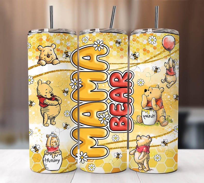 Mother’s Day Winnie 20oz Tumbler Wrap, Pink Mama Bear PNG, Cute Mom Skinny Tumbler Design, Sublimation File for Mother’s Gift