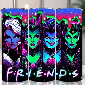 May include: Set of three black and white tumblers with a colorful graphic of four Disney villains. The tumblers feature the text "F.R.I.E.N.D.S."