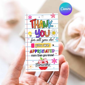 May include: A colourful thank you gift tag with the words "THANK YOU" in rainbow colours. The tag includes the phrases "for all you do!" and "you are APPRECIATED". A red apple with a pink bow and the name "Samantha" is also featured.